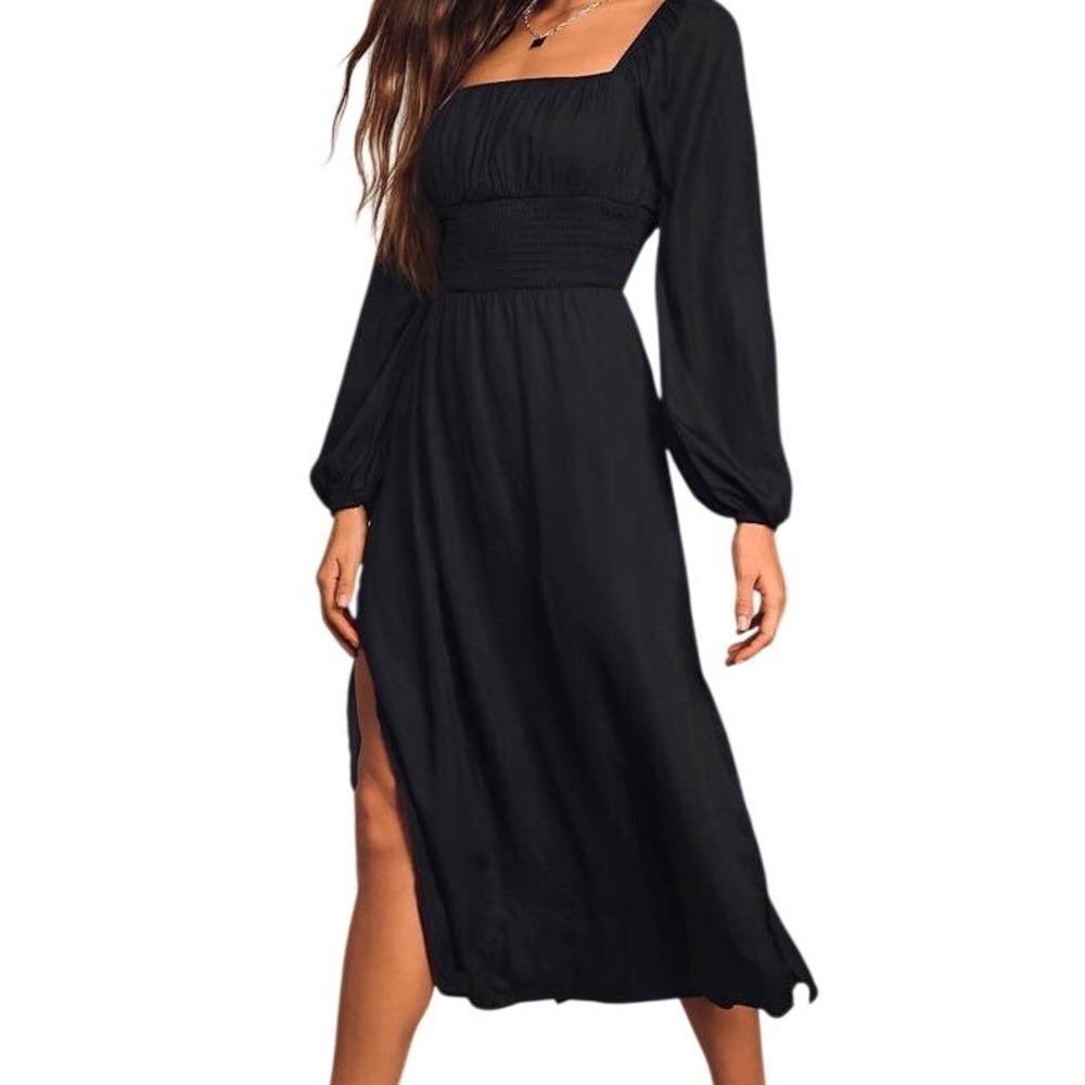 NWT Lulus Long Sleeve Smocked Waist Midi Dress Black Size XS Babydoll Milkmaid